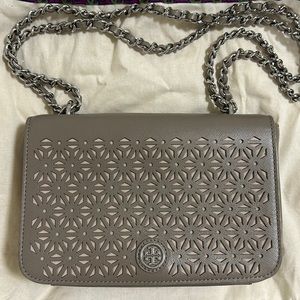 Tory Burch genuine leather grey shoulder bag with laser cut design